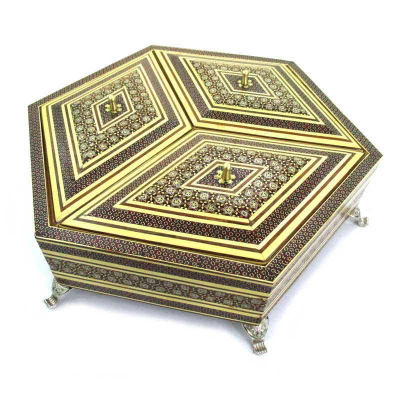 جعبه پذیرایی شش گوش خاتم کاری قطر 36 سانتی‌متر